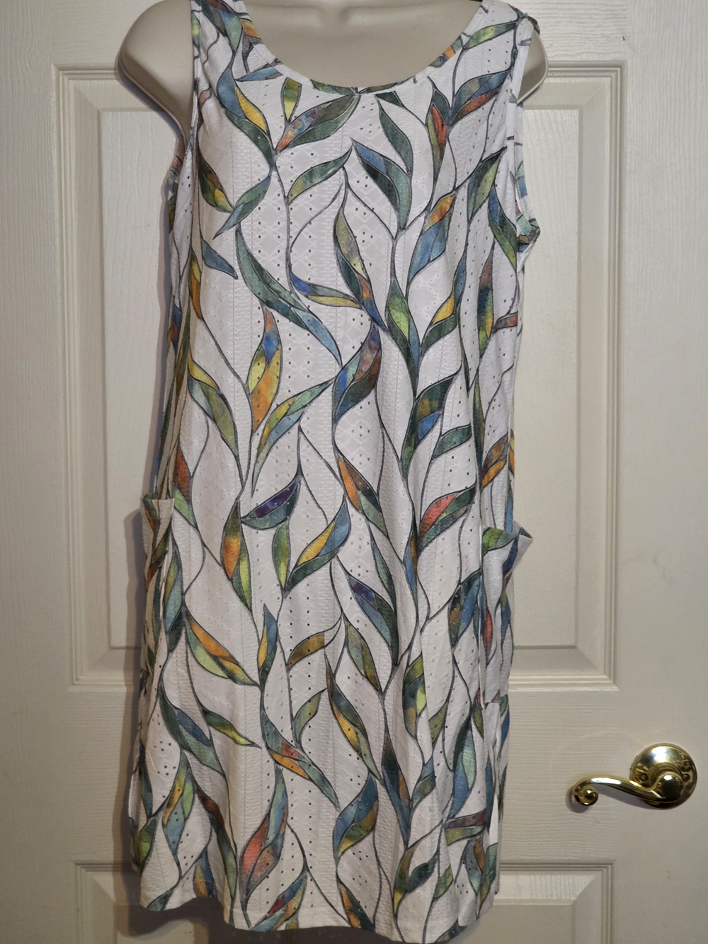 White Eyelet Mini Dress with Multicolor Leaf Print